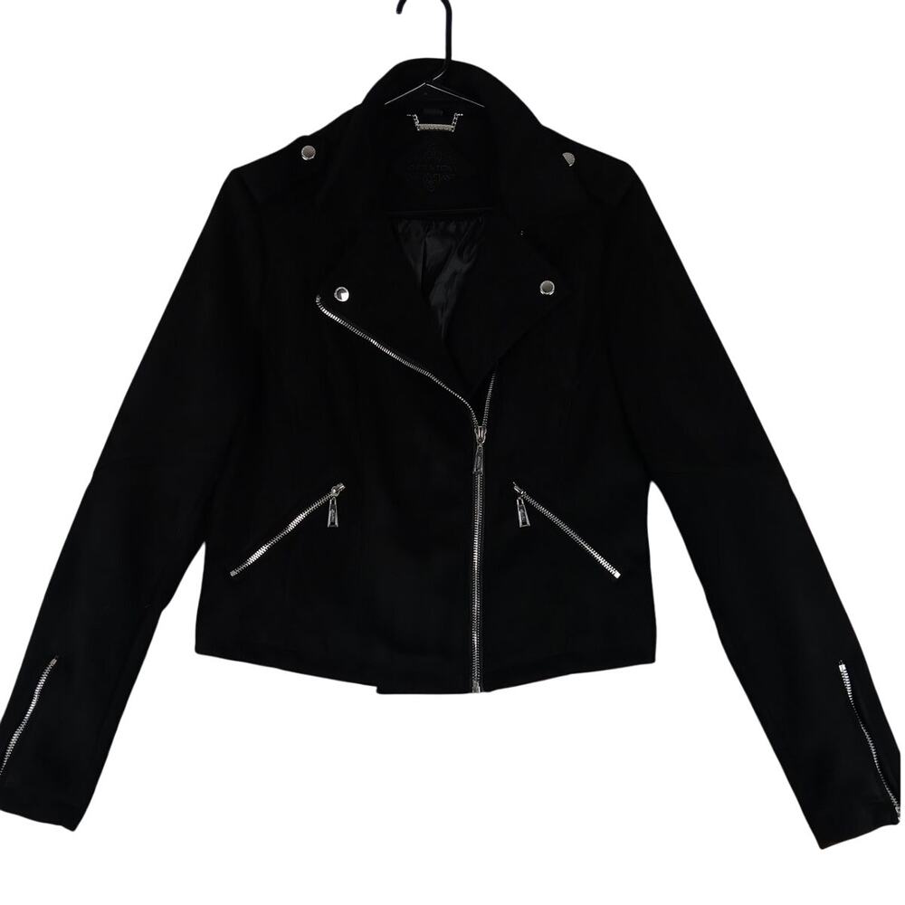 Joujou Vegan‎ Suede Jacket Womens Large Black Moto Zip Cropped Lined A-Line